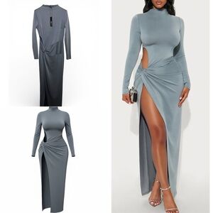 Fashion Nova Cut-Out Maxi Dress NWT | Slate Blue Bodycon Slit Gown - Size L